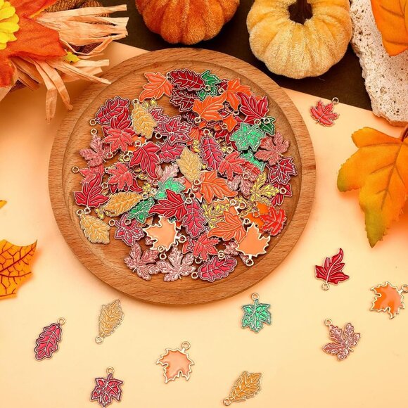 90 Pcs Fall Charms for Jewelry Making, Thanksgiving Fall Leaf Enamel Charm Autum - Picture 4 of 7